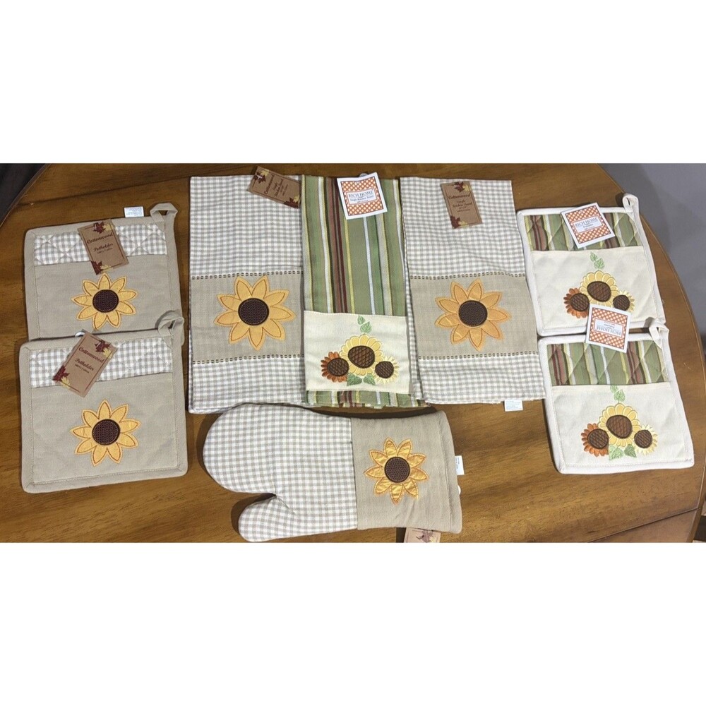 "SUNFLOWERS " Kitchen Towels With 4 Pot Holders & 1 Oven Mitt (8 Piece Set )